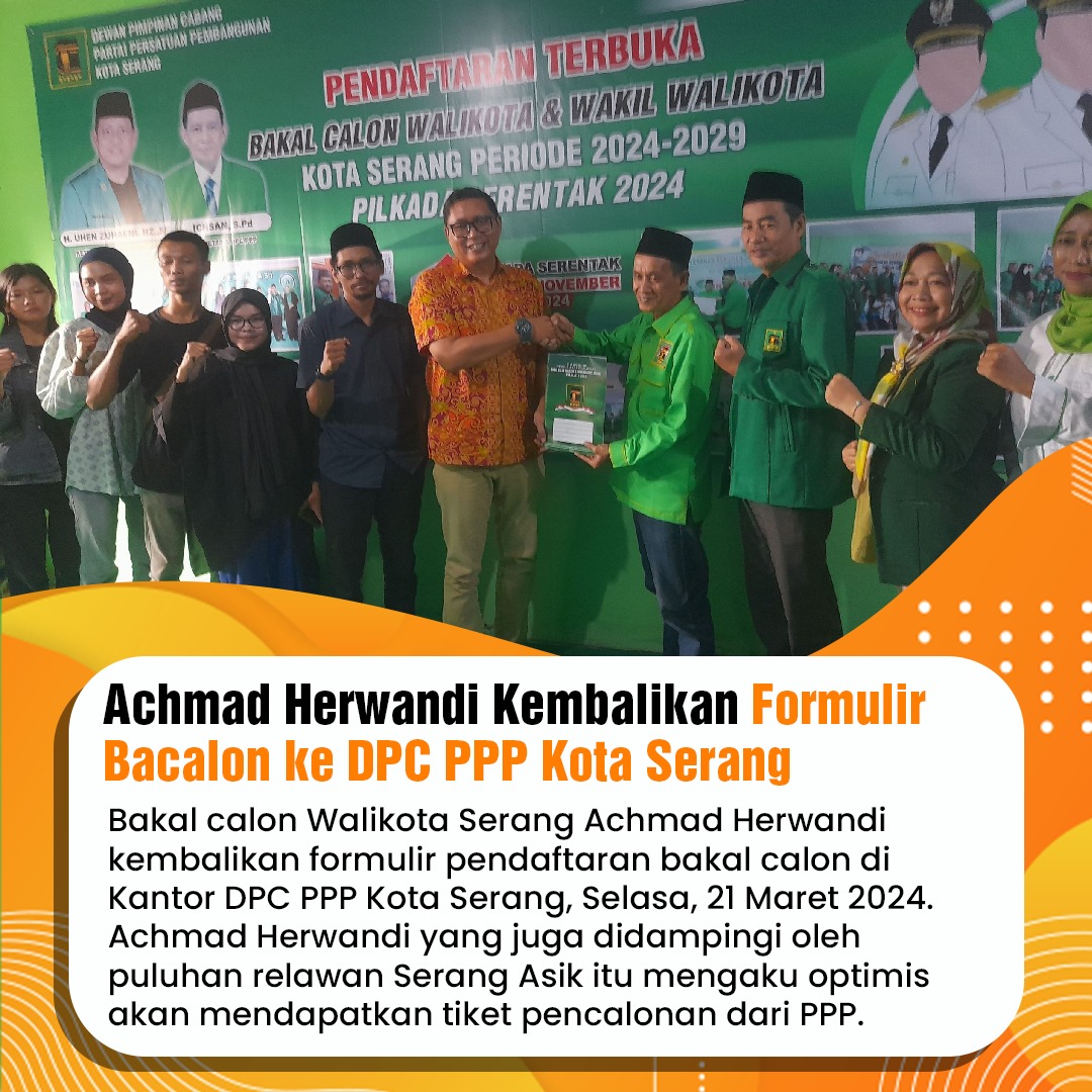 seputarbanten's tweet photo. Bakal calon Walikota Serang Achmad Herwandi kembalikan formulir pendaftaran bakal calon di Kantor DPC PPP Kota Serang, Selasa, 21 Maret 2024. https://t.co/kfP7uW0MDX