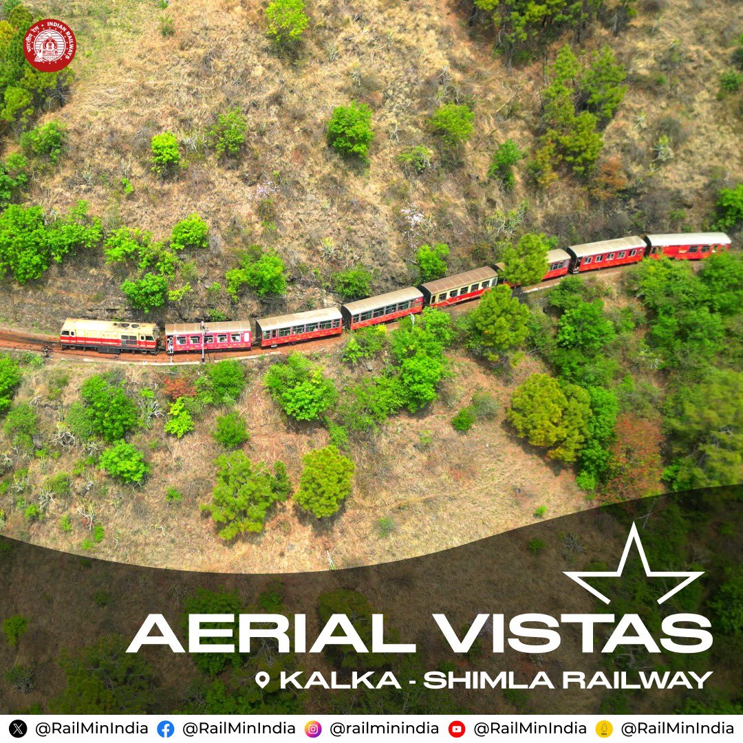 Slithering across a mountainous terrain, here’s an aerial capture of a toy train traversing the Kalka-Shimla Railway. 🛤️