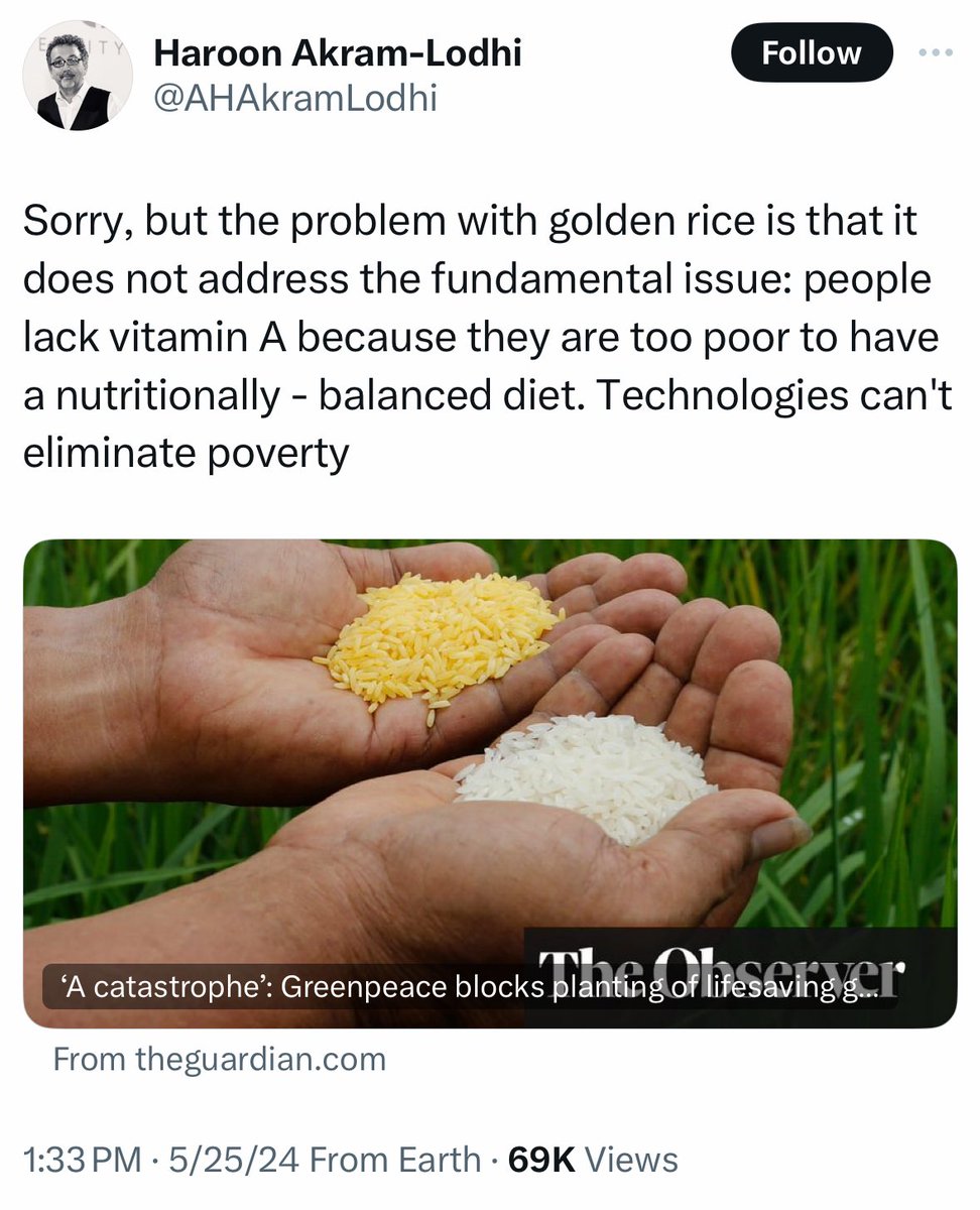 Insane that an economics professor would claim “technologies can’t eliminate poverty.” The Green Revolution was all about technology: - high-yielding variety seeds - chemical fertilizers - pesticides & herbicides - mechanization - irrigation techniques This is basic history.