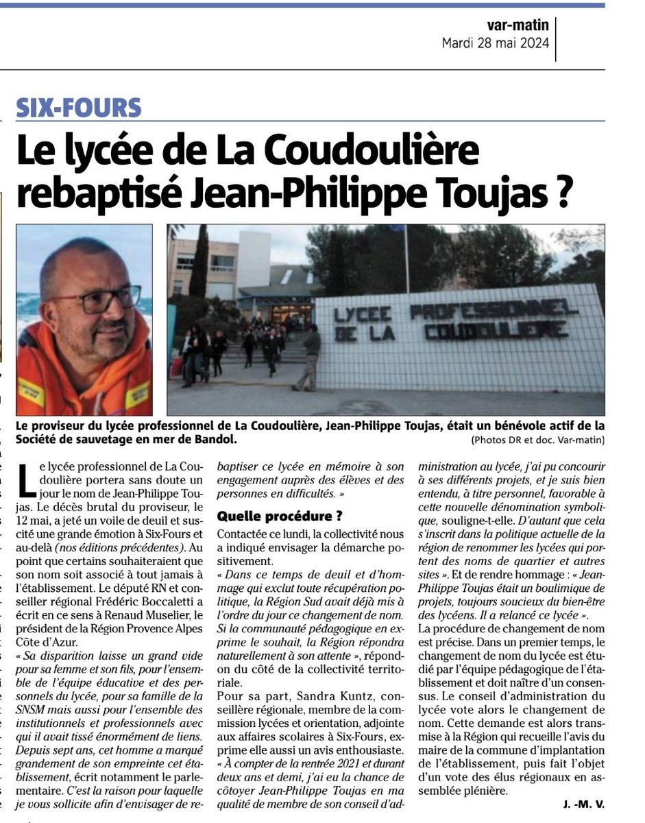 SNSMBANDOL's tweet photo. Dans Var-Matin 
Le Lycée professionnel de la Coudoulière sera-t-il rebaptisé en hommage à Jean Philippe Toujas ?
@LaCoudouliere @SauveteursenMer #snsm #Bandol #reconnaissance #hommage https://t.co/Sj1cseQ2HT