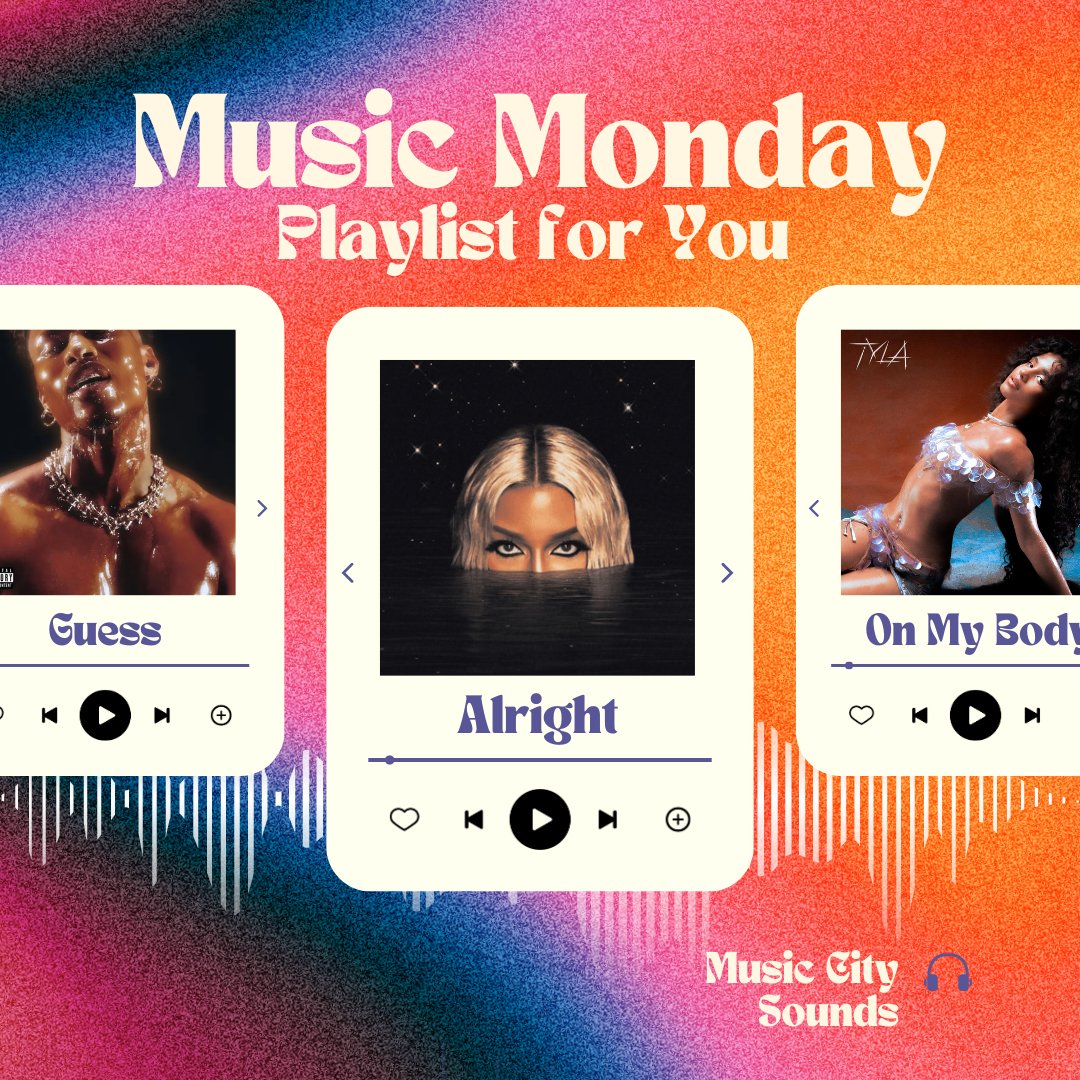 MusicCitySounds's tweet photo. Happy Music Monday! Here are a few songs to start your week:
#Alright - #VictoriaMonet
#OnMyBody - #Tyla & #BeckyG
#Complicated - #SadBoi
#GoodToMe - #HER
#OneReason - #ConKillion
#Superpowers - #DanielCaesar
#Guess - #LuckyDaye
What else would you add to this playlist? https://t.co/YxJZc80PN7