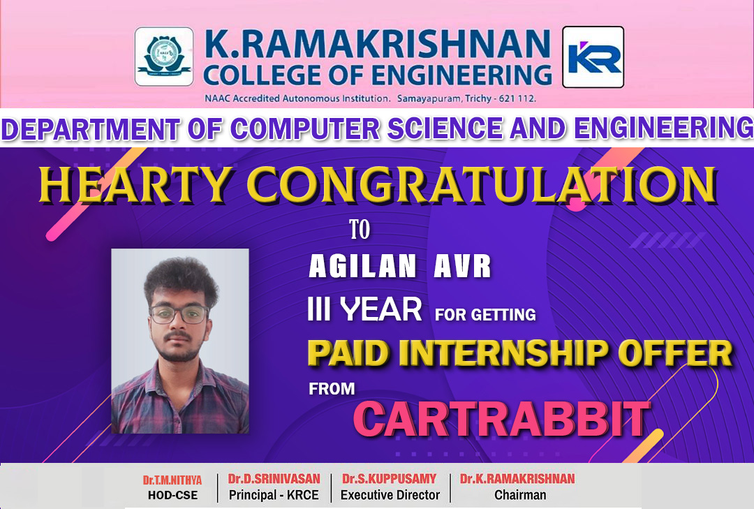 Congratulations to Agilan AVR, a III-year student at the department of Computer Science and Engineering, for securing a prestigious paid internship offer from Cartrabbit. 

#MKCE #MKCEkarur #InternshipSuccess #ProudMoment #FutureEngineer #Cartrabbit #AchievementUnlocked