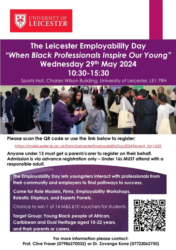 Very much looking forward to this *FREE* event for young people tomorrow!

Registration is still open - link below.

Please share with your networks as we aim to connect with young Black heritage students across Leicester and The Midlands.

myleicester.le.ac.uk/form/Leicester…