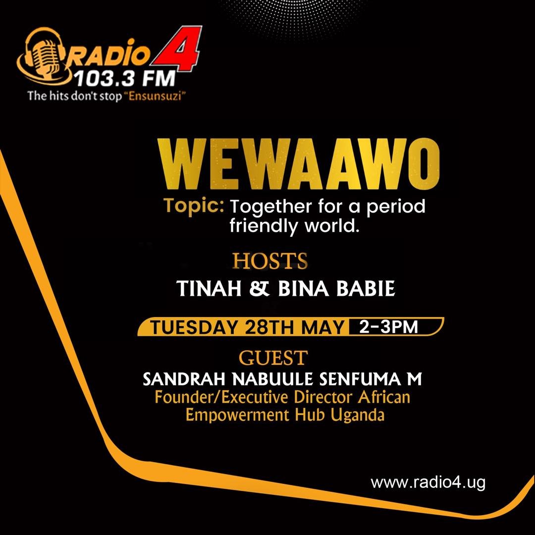 Today is Menstrual Hygiene Day. We will be hosting Ms. Ritah Dradrimiyo, the author of 'Conquering the Red Days', and Ms. Sandra Nabuule, the Executive Director of African Empowerment Hub Uganda, to talk more about the day. Tune in to 103.3 and follow the conversation #Wewaawo