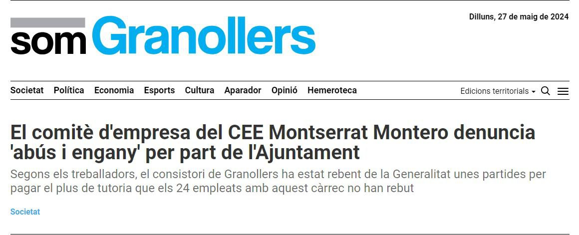 Tot el nostre suport al comitè d'empresa del Montserrat Montero.
CEE constituït com a consorci pel Consell Comarcal i ajuntament, és evident la responsabilitat dels nostres dirigents, la Presidència del Consorci és de l'alcaldessa i  la l'adscripció del Consorci de l'Ajuntament