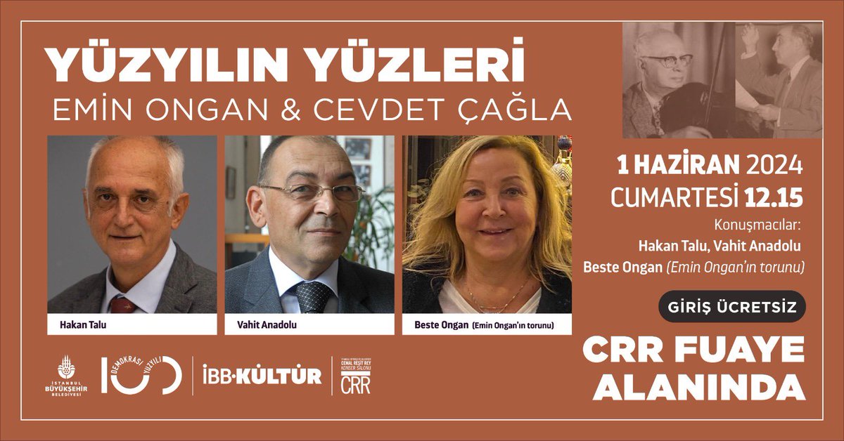 Yüzyılın Yüzleri söyleşilerinde bu hafta: Cevdet Çağla &amp; Emin Ongan 

🎻Keman icracısı olmalarının yanı sıra, dönemin ve günümüzün sevilen eserlerine imza atmış değerli bestekarları; sanatçı Vahit Anadolu, Oğan'ın torunu Beste Oğan ve şef Hakan Talu ile konuşacağız.