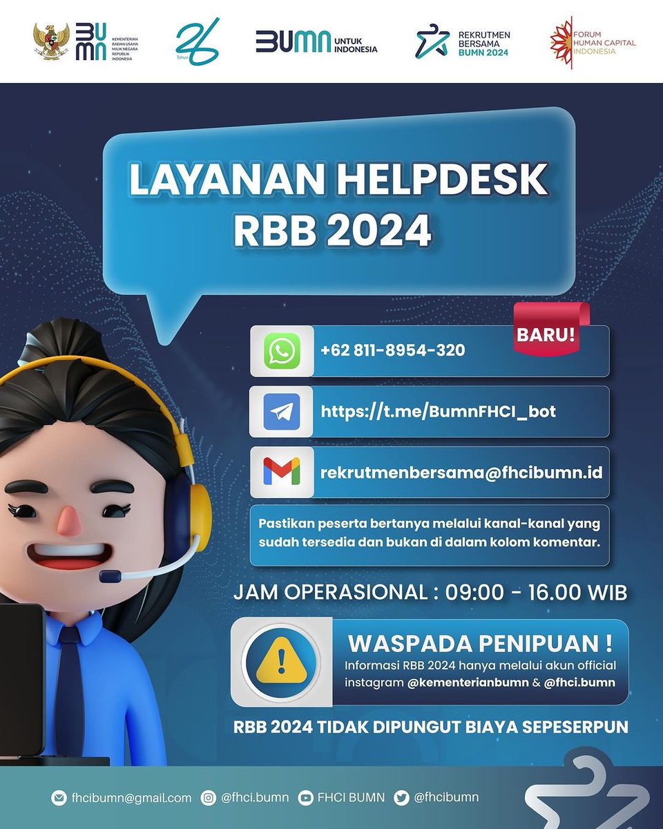 [WORKMIN]

Hingga saat ini, informasi yang kami dapatkan untuk melaporkan kecurangan selama RBB adalah melalui layanan helpdesk. Kamu dapat menghubungi layanan helpdesk via WhatsApp, Telegram, atau email.

Pastikan untuk menghubungi pada jam operasional dan sertakan bukti yang