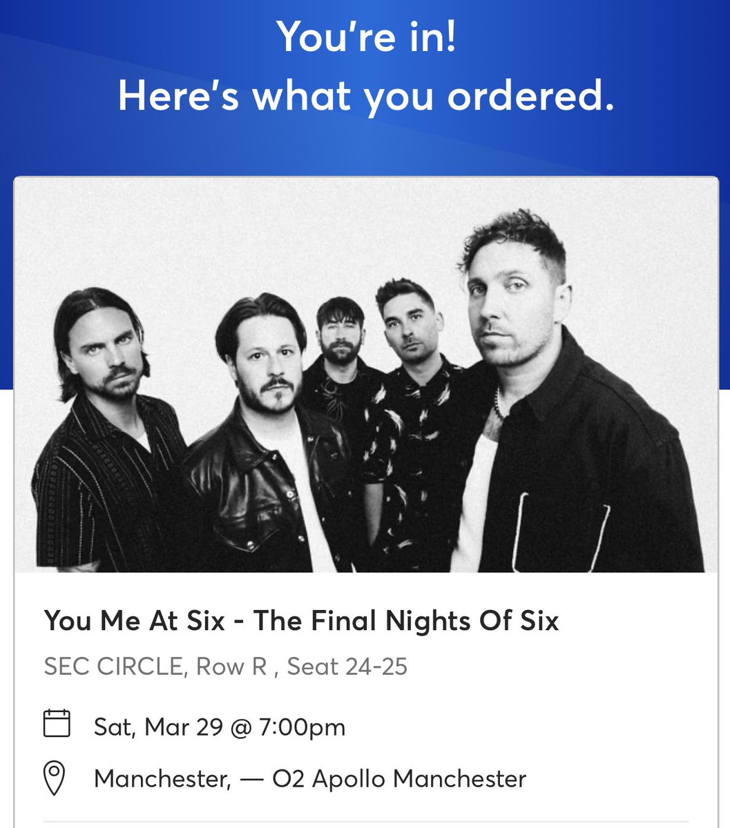 BeccaKent93's tweet photo. THE MOST STRESSFUL 36 MINUTES OF MY LIFE

But, after Newcastle and Leeds showing as sold out / spinny wheels of death / Presale codes not working…🫠

MANCHESTER has pulled through and we’re going to see @youmeatsix @joshmeatsix for their final tour 😭😭😭😭. https://t.co/Y5XHCM3BXk