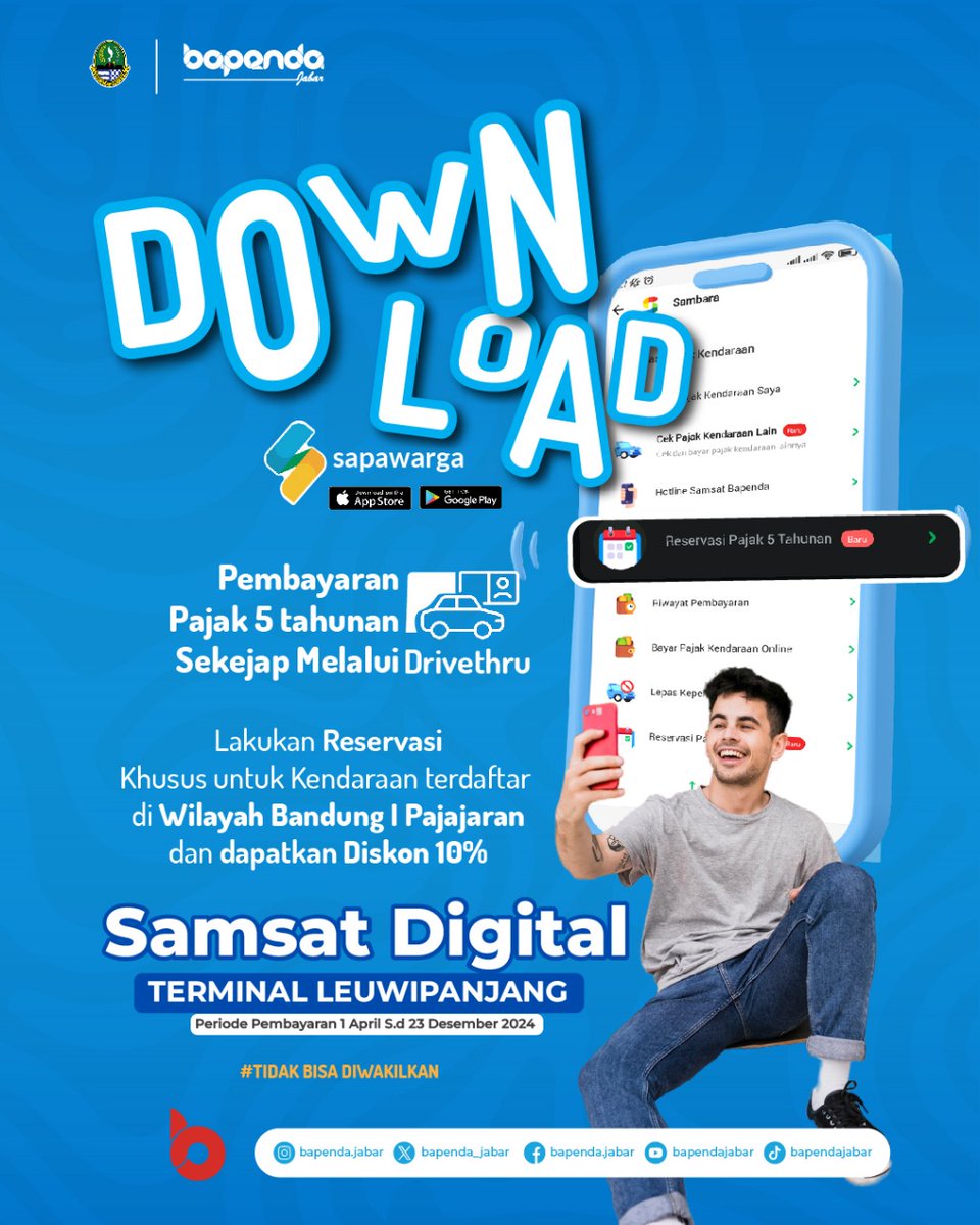 bapenda_jabar's tweet photo. Jangan lupa Reservasi Bestie βΌοΈ
.
Instal dulu #Sapawarga
Pilih Pajak Kendaraan Bermotor #Sambara Bapenda
Lanjut Reservasi Pajak 5 Tahunan π
.
#sambara #sapawarga #samsatjabar #bapendajabar https://t.co/bwudEDaPbz