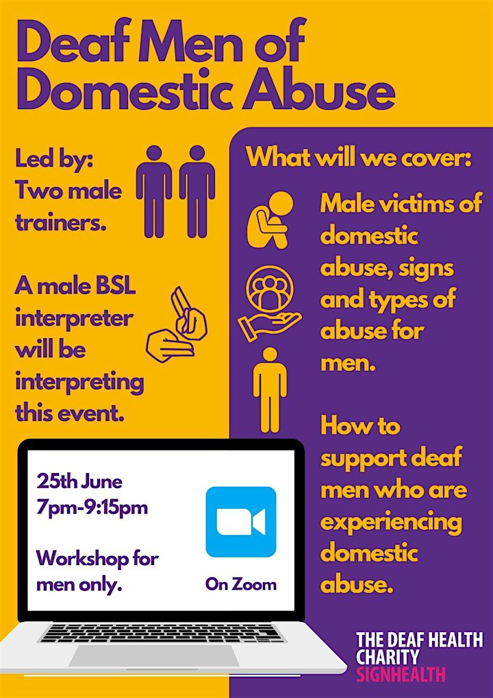 Another fantastic support opportunity from @SignHealth for #Deaf men experiencing #DomesticAbuse Details can be found below, along with a link to book your place 🗓️ 25th June ⌚️ 7.00pm-9.15pm 💻 Zoom #MentalHealth #DeafAwareness eventbrite.co.uk/e/deaf-men-of-…