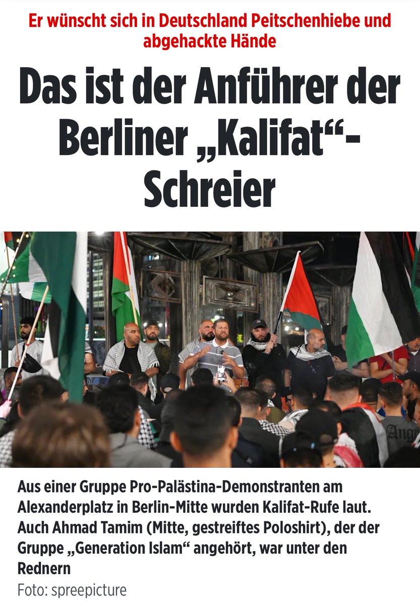 In Berlin fordern 160 Israelhasser „Kalifat jetzt“.

Der Anführer der Antisemiten will, dass „Befehle Allahs“ staatliche Gesetze ablösen - Scharia statt Demokratie.

Was wohl in der Republik los wäre, wenn Rechtsextreme die Rückkehr des Nationalsozialismus gefordert hätten?