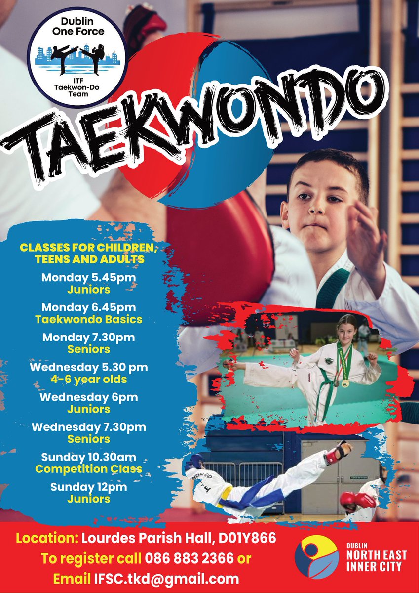We are delighted to share that there will be numerous Taekwondo classes for children, teens and adults taking place in Lourdes Parish Hall🥋 To register call 086 883 2366 or email IFSC.tkd@gmail.com !

Proudly supported by the NEIC Initiative✨

#NEIC #Taekwondo #GetInvolved