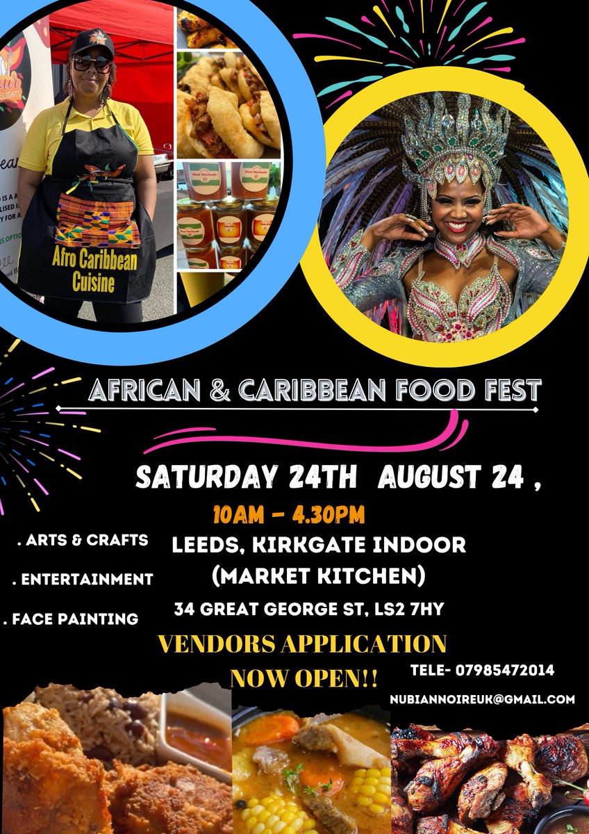 Things 🔥 up now for our biggest African & Caribbean Food Fest, taking place at Leeds Kirkgate Indoor Market on Saturday 24 August Check out our awesome trader's culinary delights @9EtherTouch @GlobalLeeds @Leeds_List @InvolvingYou @BlackInPlantSci @LeedsForum @LeedsInspired