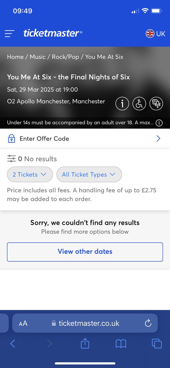 JoWells_90's tweet photo. @joshmeatsix Appreciate the effort … been trying for Leeds/Manchester since 9am this morning but link wouldn’t work and kept getting blue buffering circle. Re-tried after contacting TM and now get the following for both 😞 https://t.co/4LpsNytGQi