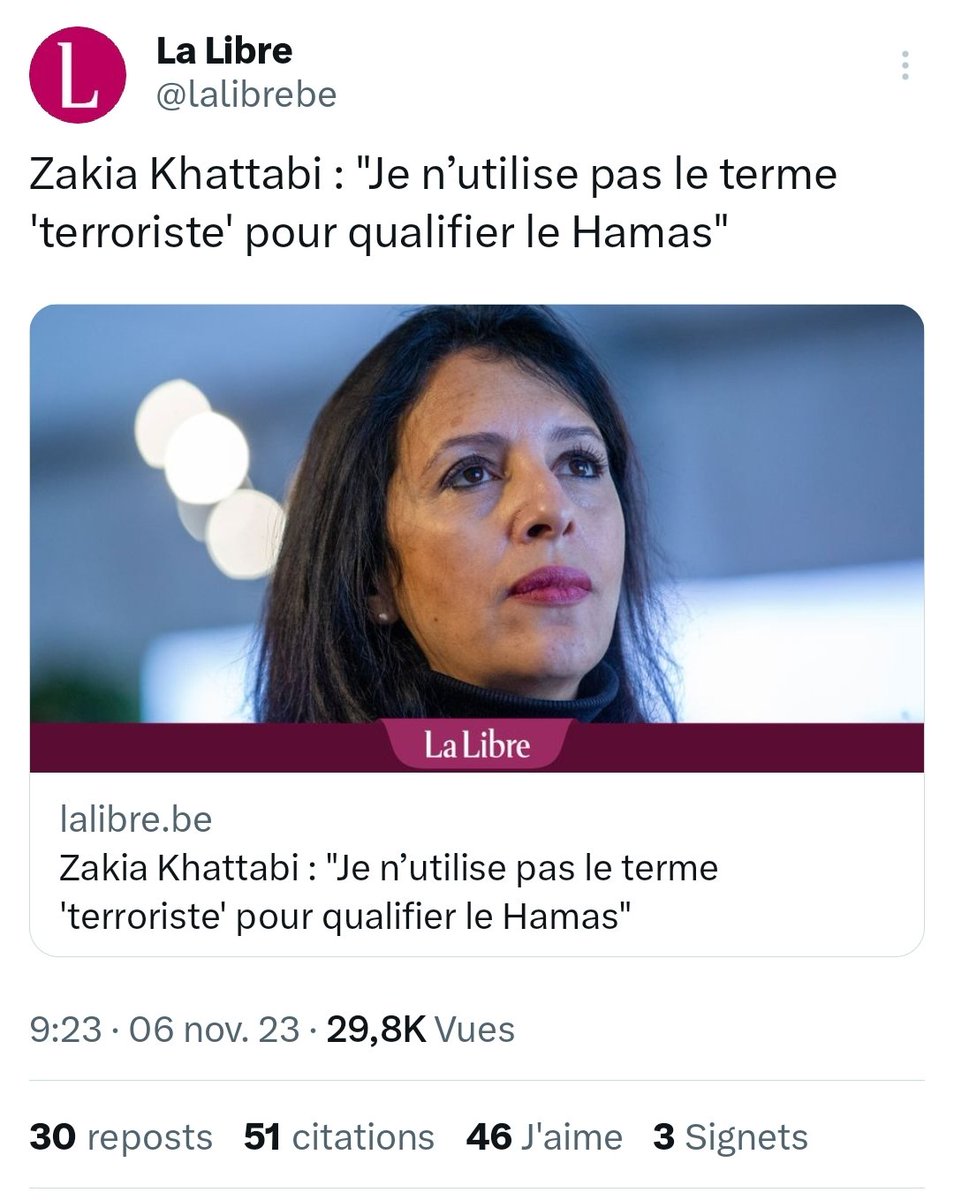 @Ma_Lecocq @KhattabiZakia On parle bien de la même Zakia Khattabi ?! 😳 Qui après les pogroms du 07/10. Des bébés brûlés vivants. Des viols de masse comme arme de guerre. N'arrivait pas a qualifier les terroristes du Hamas, de....... terroristes ?! On comprend mieux maintenant la débâcle électorale 😳