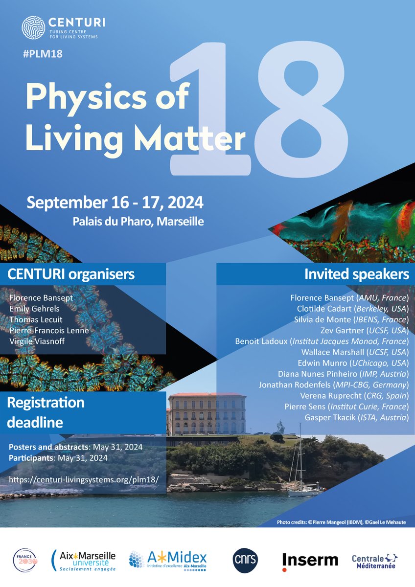 🏹 #PLM18
You have until May 31st to register to the 18th edition of the Physics of Living Matter #conference !    
📌Where: Palais du Pharo
📅When: September 16-17, 2024  

More info:  centuri-livingsystems.org/plm18/
@univamu