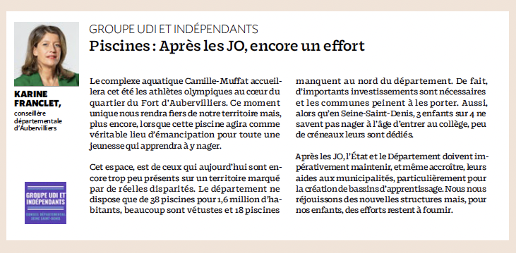 UDI_CD93's tweet photo. Avant l’ouverture du centre Camille Muffat,@francletkarine a tenu à rappeler qu’après les JO, l’Etat et le Département doivent maintenir, et accroître, leurs aides aux municipalités pour la création de bassins d’apprentissage.
@AudeLagarde @HamidChabani @SamuelM99776962 https://t.co/wV0EcgJgoQ