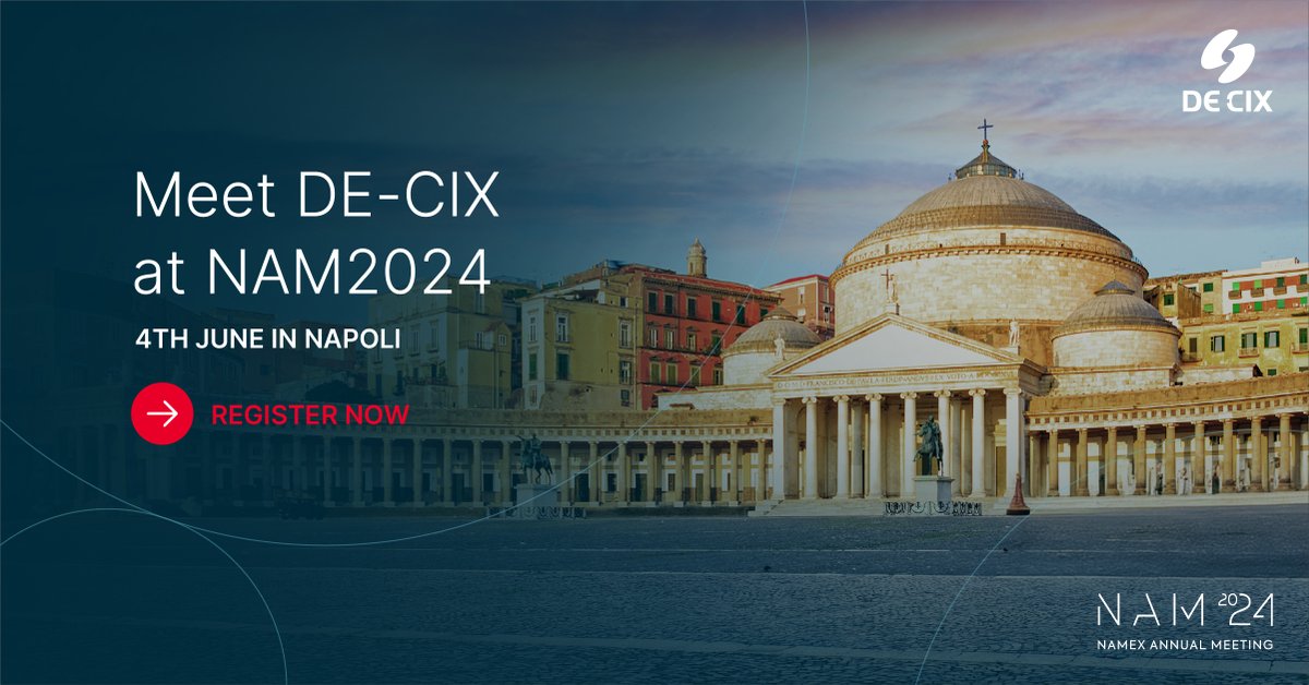 It's almost time for #NAM2024 - the @Namex_IXP Annual Meeting! 🤩 As a proud gold sponsor, our #DECIX team will join the event on 4 June in Napoli 🇮🇹 to discuss #digital economy, Internet governance & the changes in #network traffic. More info here: bit.ly/3Kg2dUH