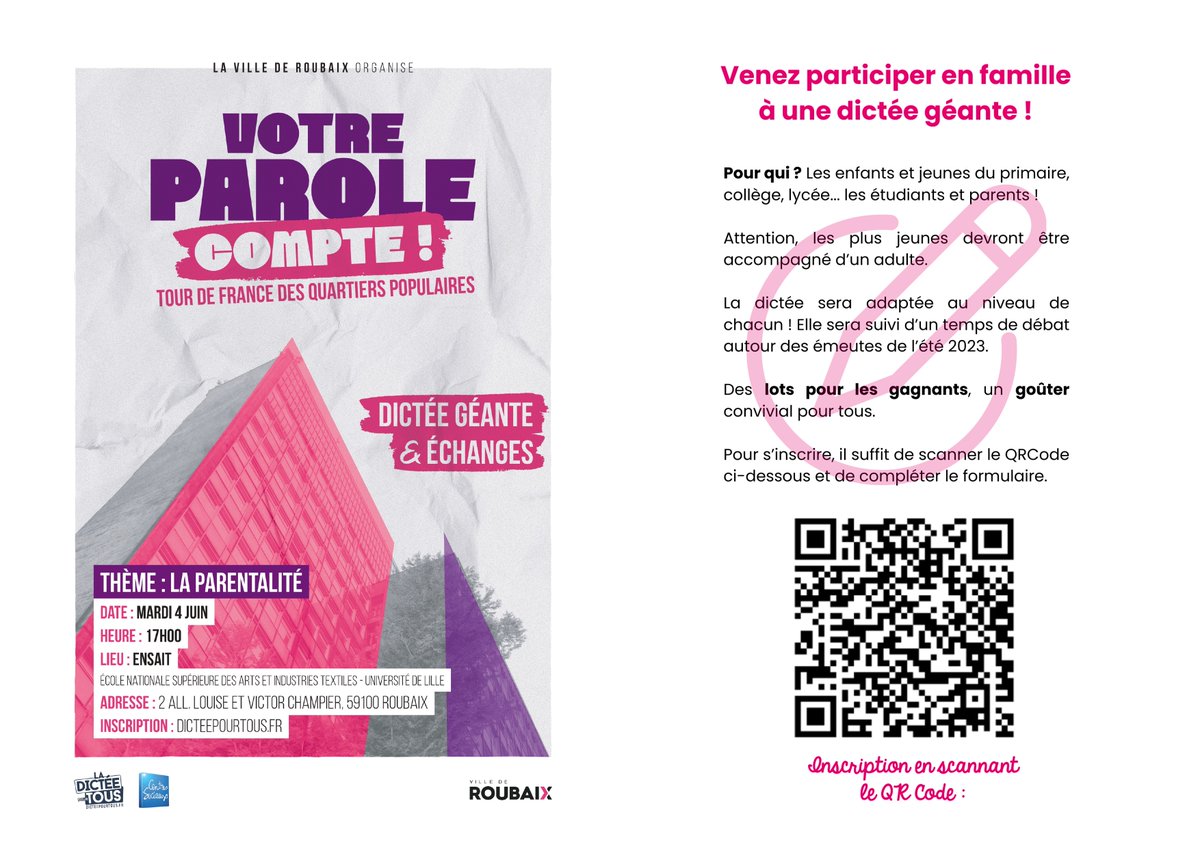 🌟 Grande Dictée pour TOUS à Roubaix !🌟 Ne manquez pas cet événement organisé par Roubaix et Ville & Banlieue avec La dictée pour tous et la Fédération des Centres Sociaux du Nord Pas-de-Calais. 📅 4 juin 2024, 16h30-19h45 📍 ENSAIT, Roubaix eventbrite.fr/e/billets-dict…