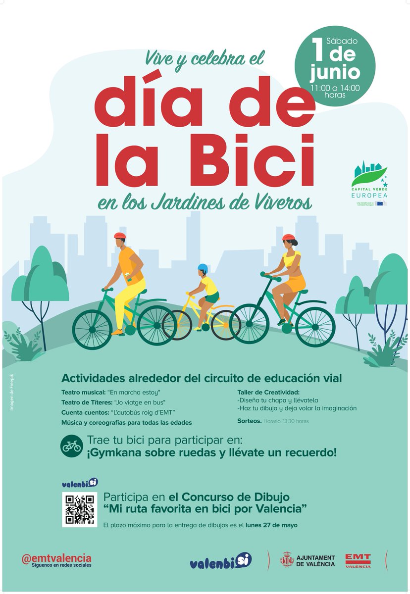 VlcMobilitat's tweet image. Vine a celebrar el #DiaMundialdelaBicicleta 🚴‍♀️este dissabte 1 de juny amb un munt d'activitats per a tota la família!

¡Ven a celebrar el #DíaMundialdelaBici 🚴‍♀️este sábado 1 de junio con un montón de actividades para toda la familia!

📍 #Vivers
⌚️11 a 14h

#EUGreenCapital
