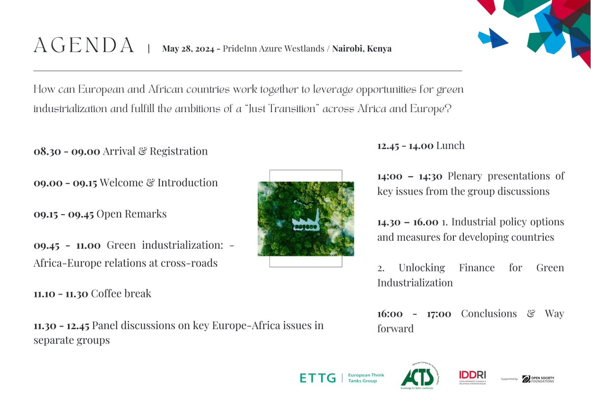 How can European & African countries work together to leverage opportunities for green industralization, and fulfill ambitions of a Just Transition across Africa & EU? Today, @ettg_eu, @ACTSNET and IDDRI are jointly organizing a workshop in Nairobi to address this key issue👇