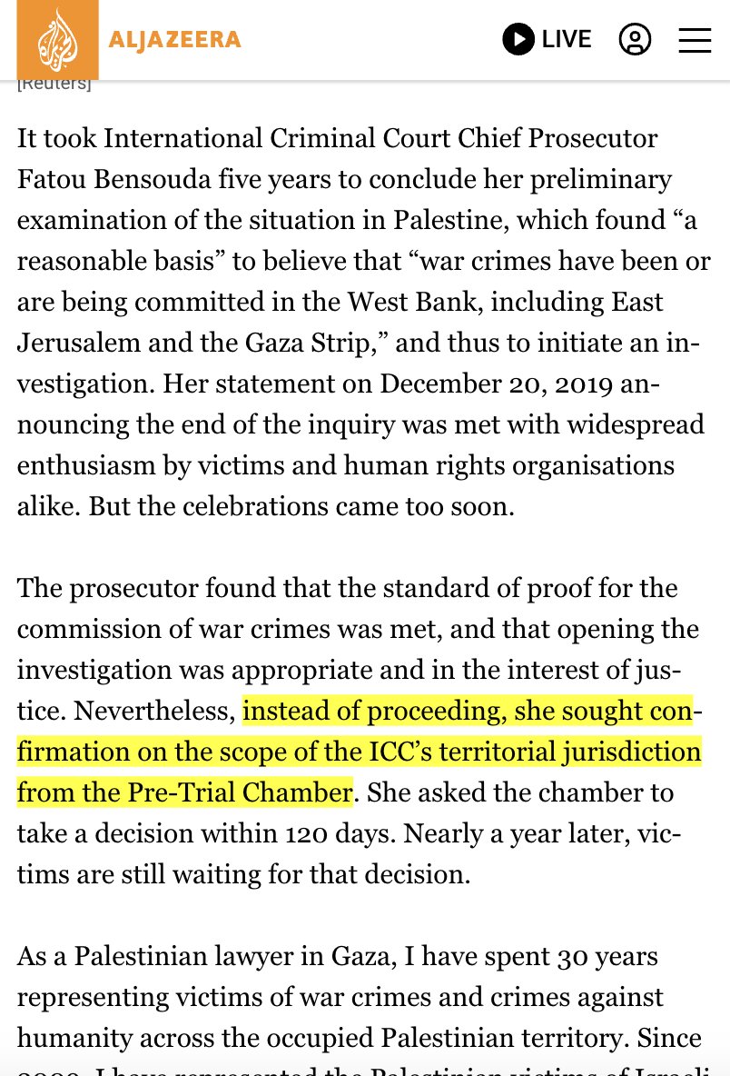 A reminder: Israel's now-revealed dirty intimidation & blackmail campaign against the ICC prosecutor did actually work initially as Fatou Bensouda closed down the Mavi Marmara case against Israel & dragged her feet for 5 years on opening an investigation in Palestine, then sent