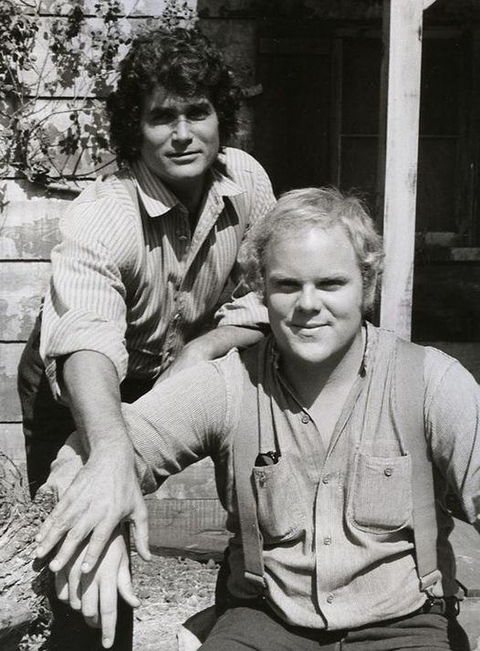 Michael Landon and Dan Blocker's son, Dirk, on the set of Little House on the Prairie. I've always said if Dan had lived, he would have been cast as Mr Edwards on Little House...