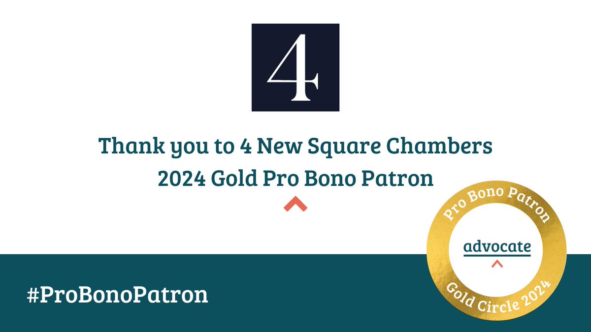 Our huge thanks to <a href="/4NewSquare/">4 New Square Chambers</a> for being a GOLD Pro Bono Patron for 2024!🎉

We value your continued support in enabling us to help more people who are in desperate need of pro bono legal assistance.

🔗Find out how to join our #ProBonoPatron scheme⬇️

bit.ly/Advoc8Patron