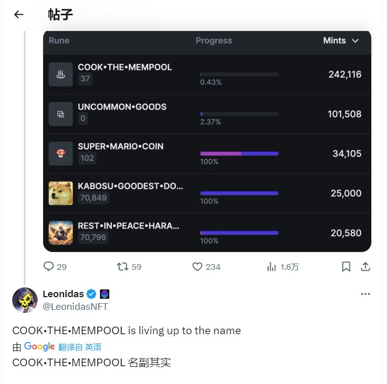 web3wubai's tweet photo. cook the mempool符文介绍

一、介绍：
cook the mempool部署于减半区块840000，是第37个部署的符文。部署者设置的mint起始区块为844032，起始时间为5月19号，终止区块为848064，终止时间大约至6月15号，历时四周。总量为一亿张。
二、背景：
1、由RSIC团队部署：RSIC项目方曾明确表示符文8，21、35、37、99 和 101均为其部署。（见图一）
2、符石项目方转发与评论：符石项目方在昨天转发了关于cook the mempool铸造量超过100w的推文（见图二）。并在之前的回复中称赞cook the mempool名副其实（见图三）。此处的意思是cook the mempool这个符文真正意义上做到了cook the mempool，在过去的五六天，几乎btc出的每一个块的百分之七十都是铸造cook the mempool。
三、现况
截至发文，mint数量为1.17m，区块剩余2579，进度为36%。在此可以估算其总量，一个区块大约能mint4k张，则剩余区块还能mint10m张，排除掉每日还需要打其他符文以及其他用途，减去百分之二十，即8m张。因此，在最理想的情况下，该符文最高总量为9m。对比同类符文，一号符文mint数为1.11m，零号符文目前mint数为3.3m，因此，该符文在未来必然是mint数量最多的符文。
分析其holder，mint榜前七的蓝筹社区分别是RSIC社区占比7.14%，The Wizards of Ord社区占比3.29%，Blob社区占比6.27%，NodeMonkes社区占比2.85%，Bitcoin Puppets社区占比1.17%，Pizza Ninjas社区占比0.96%，Ordinal Maxi Biz (OMB)社区占比3.32%。（见图四）
四、前景
借鉴于sats成功的经验，虽说mempool在数量和时间跨度上不如sats，但其做到了和sats最为重要的一个点，那就是“公平”的资产发行。这也是这一轮互不接盘牛市最为核心的一个点。截至发文，mint的所有mempool成本几乎都是在8gas左右，其不像之前的那些符文与铭文，需要卷gas才能打，在时间跨度如此之长时，一般不会有谁花高gas进行mint。
sats成功的另一个经验是共识，在如今打符文短则几分钟，最长两三天的情况下，很难凝聚出真正的共识。符文市场在预热了两三个月的情况下，只维持了十来天的热度便沉寂至今，大量资金都在渴望能够参与一个好的符文项目。一个由散户主导的、公平的、伟大的项目，cook the mempool不就是吗。