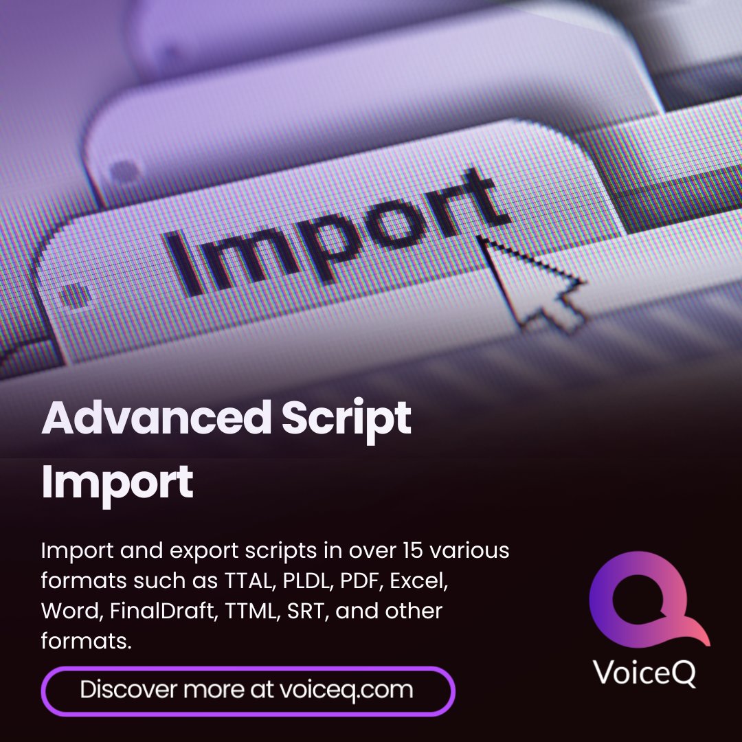 VoiceQpost's tweet image. Level up your script management game with Advanced Script Import in VoiceQ! Stop wasting time on manual conversions and get right to voicing.

#VoiceQ #VoiceActors #ScriptImport #VoiceOver #PostProduction #Localization #Filmmaking #Dubbing #Scriptwriting