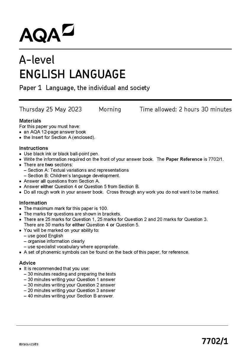 Antonina338759's tweet photo. https://t.co/56b7CGQKQX
AQA A LEVEL ENGLISH LANGUAGE PAPER 1 2023 (7702/1: Language, the individual and society)
#fliwy #7702/1 #7702 #aqaalevelenglishlanguagepaper1 #aqaenglishlanguage #alevelenglishlanguage #englishlanguage #englishlanguage2023 https://t.co/BIkt9QqMml