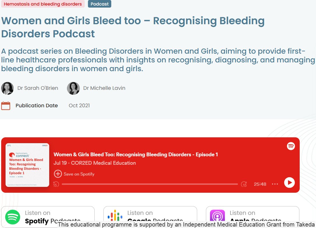Women and girls bleed too! In this first episode in a three part series, Dr. Michelle Lavin @Sortoutbleeding and Dr. Sarah O'Brien discuss the symptoms of #bleedingdisorders and the impact it may have. Listen here: ow.ly/moYf50RSl8j Spotify: ow.ly/6HXh50RSl8k #Meded