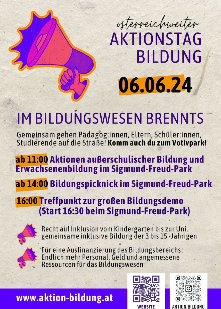 Eine Möglichkeit sich demokratischer Rechte zu bedienen und seine Meinung kundzutun, ist der Aktionstag Bildung am 6.6., (ab 14:00 Bildungspicknick, ab 16:00 Kundgebung durch die Innere Stadt)!