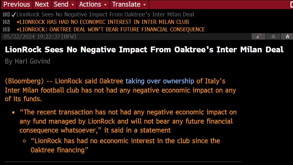 Toh, lo stesso giorno anche ⁦@Bloomberg⁩ riporta un comunicato di LionRock dove c’è scritto che il fondo “had no economic interest in the club (l’Inter) since the financing”…cioè dal 2021