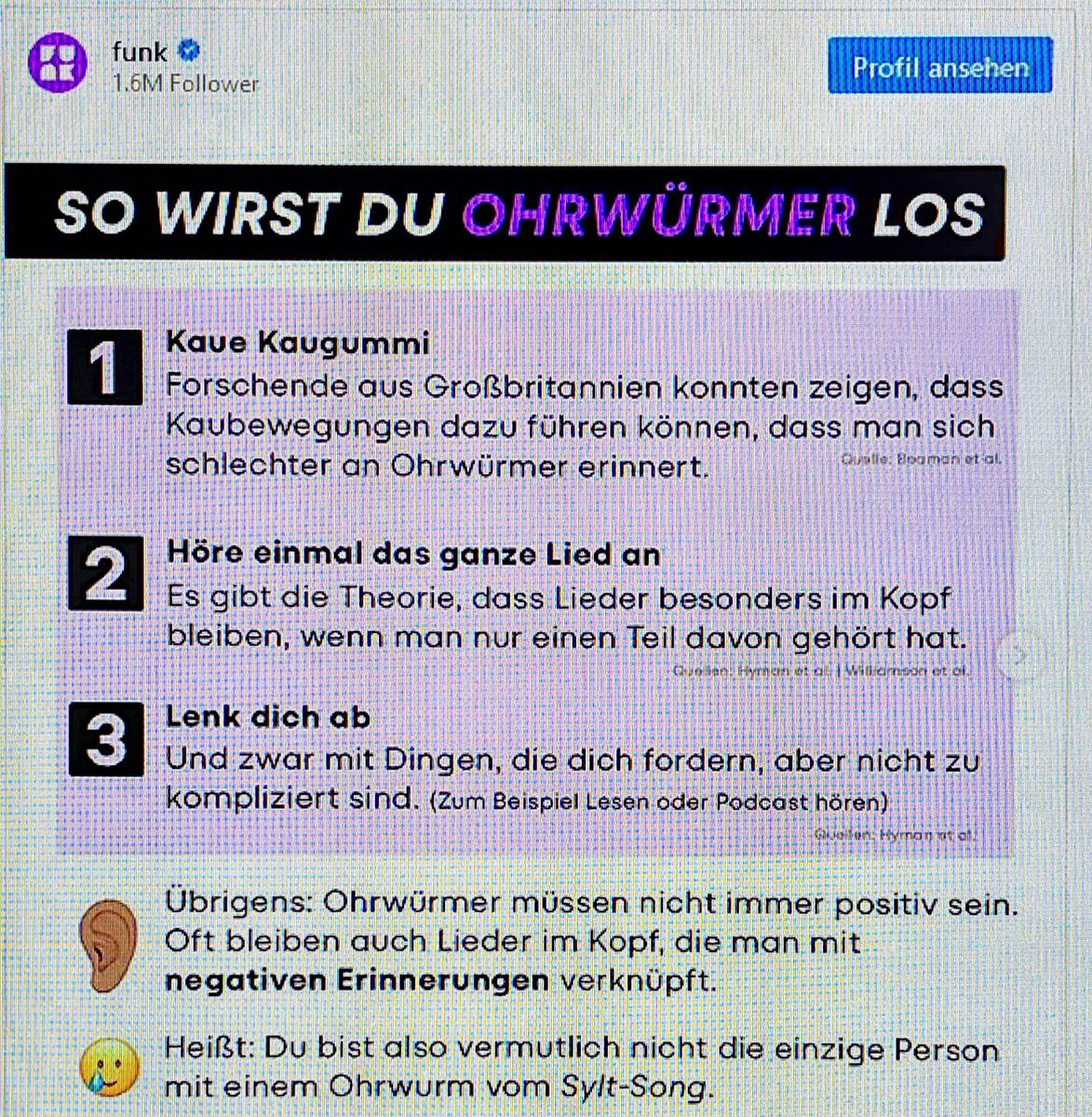 tombuduk's tweet image. SO WIRST DU OHRWÜRMER LOS.

#ÖRR bietet postwendend auf Instagram Ratschläge, damit auch Du bestimmte Melodien und Lieder  schnell vergisst. 

Die #Verblödung ist nun völlig ausser Rand und Band.