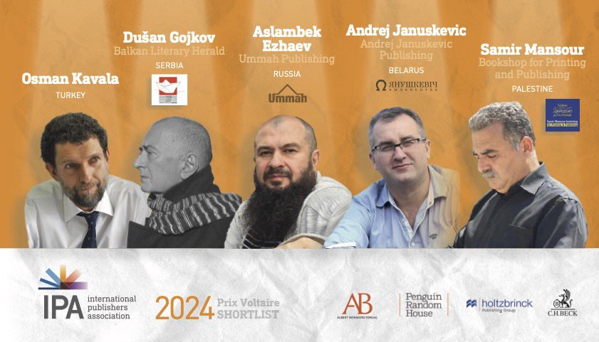 Yesterday, @IntPublishers announced the shortlist for the 2024 #PrixVoltaire, honoring exceptional courage in upholding the freedom to publish. Included in the shortlist is PEN International case #OsmanKavala and Dušan Gojkov, Secretary General of Arman PEN. Special mention was