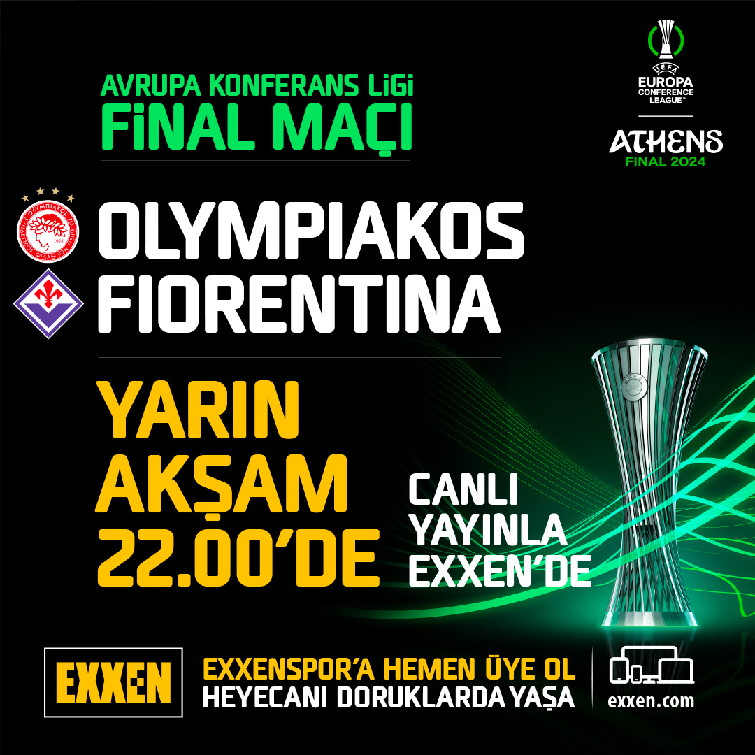 Avrupa Konferans Ligi final maçında Olympiakos-Fiorentina karşı karşıya geliyor. Bu müthiş maç, yarın akşam 22.00’de canlı yayınla Exxen’de. Hemen exxen.com’a gir, Exxenspor’a hemen üye ol, eğlenceyi ve heyecanı doruklarda yaşatan Exxenspor’un keyfini çıkarmaya