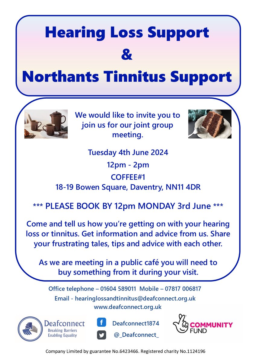 HEARING LOSS & NORTHANTS TINNITUS SUPPORT Please see below the details for our next group meeting.
#Tinnitus #TinnitusAwareness #TinnitusSupport #Tinnitusprevention
#HardofHearing #HOH #HearingHealth #HearingLoss #deafness