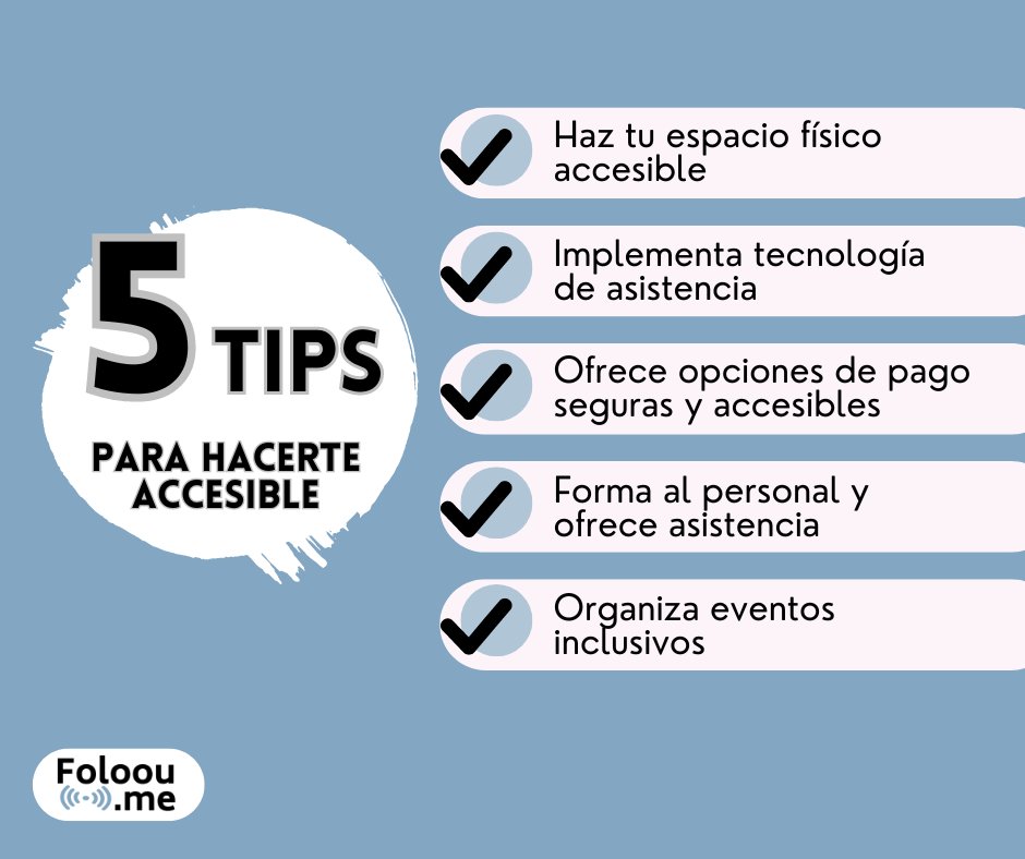 ¿Sabías que hay muchas maneras sencillas de hacer tu negocio más inclusivo para personas con discapacidad o problemas de orientación? Sigue estos consejos y comparte tu experiencia

#Accesibilidad #Inclusión #Discapacidad #Diversidad #NegociosInclusivos #AccesoParaTodos #Folooume