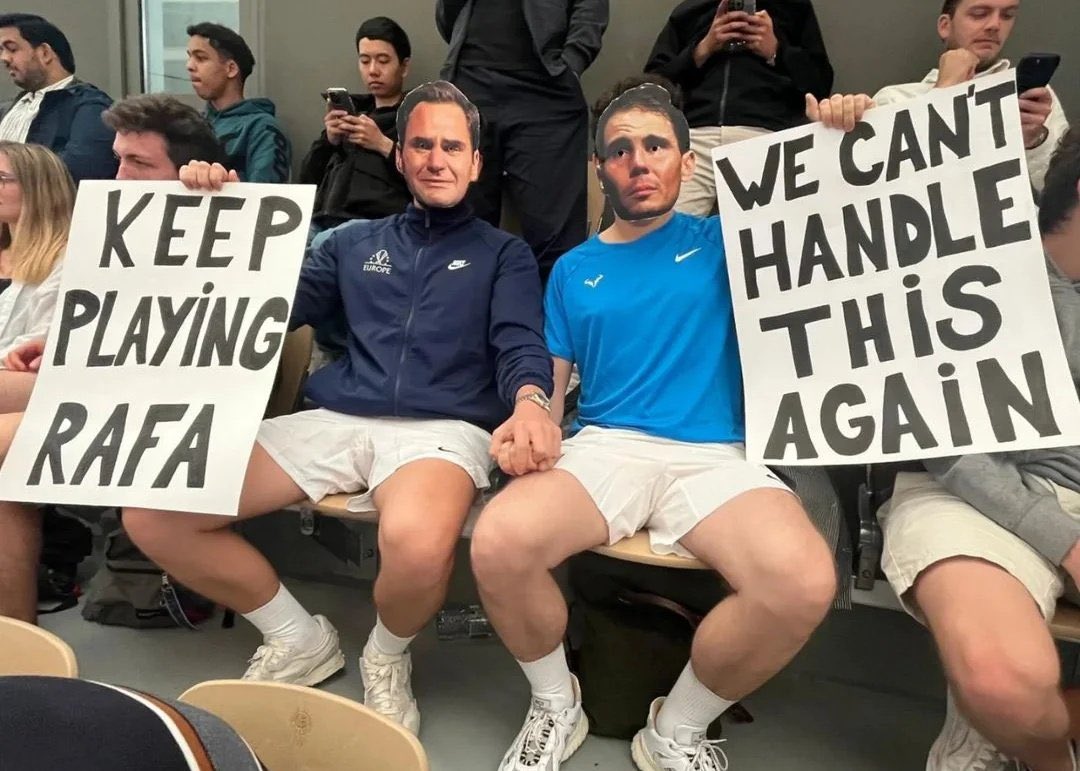 These fans at Rafa Nadal’s first round Roland Garros match yesterday dressed as Federer & Rafa from the day Roger retired “Keep playing Rafa. We can’t handle this again.” 😭