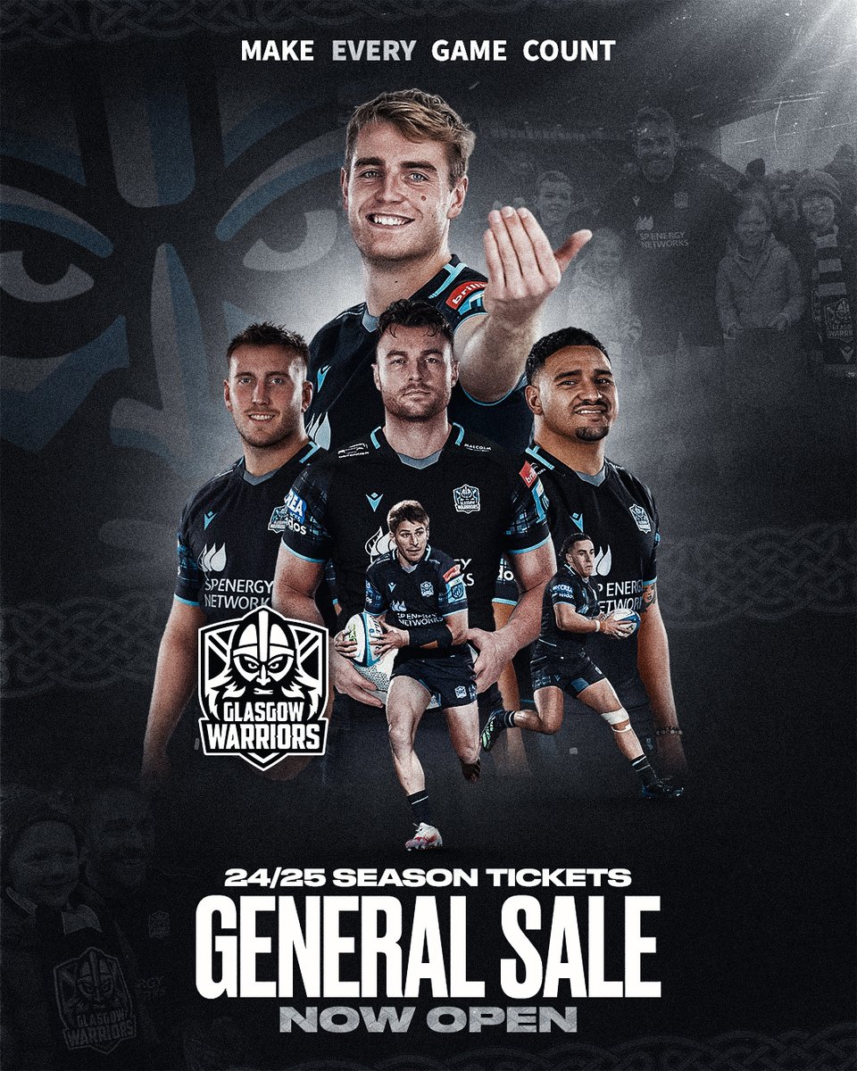 Season Tickets 🎟️ General sale is NOW open! Secure your seat at Scotstoun for the 2024/25 campaign and be there to roar on your Glasgow Warriors 👉 bit.ly/4axxltu #MakeEveryGameCount