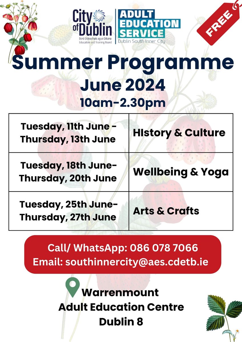 🌟 Exciting News! 🌟

The South Inner City Adult Education Summer Programme is launching in June 2024! 📚✨
📍 Location: Warrenmount Adult Education Centre, Dublin 8 
🎓 Courses: History & Culture, Yoga & Wellbeing, Arts & Crafts
@SICAdultEd #CreateYourFuture @CityofDublinETB