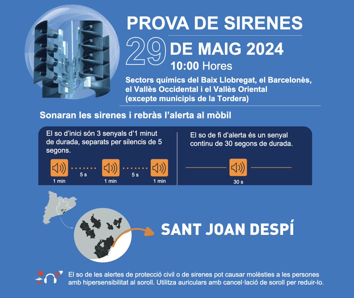 #SJDInforma ‼️Prova de sirenes: aquest dimecres 29 de maig, a les 10 h, sonaran les sirenes de risc químic a #SantJoanDespí. Moments abans de la prova de sirenes, rebreu un missatge al mòbil. 📢Recordeu que es tracta d'un simulacre. En un cas real, caldria confinar-se.