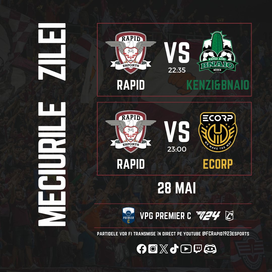📅Tuesday, May 28th, 2024

🏆<a href="/VPGPremier/">VPG Esports Premier</a>
🆚 <a href="/KenziAndBnaio/">Kenzi And Bnaio FC 🇮🇱</a> 🕑22:35
🆚 <a href="/ECORP_ES/">ECORP</a> 🕑23:00

Watch on YouTube: Rapid eSports TV.