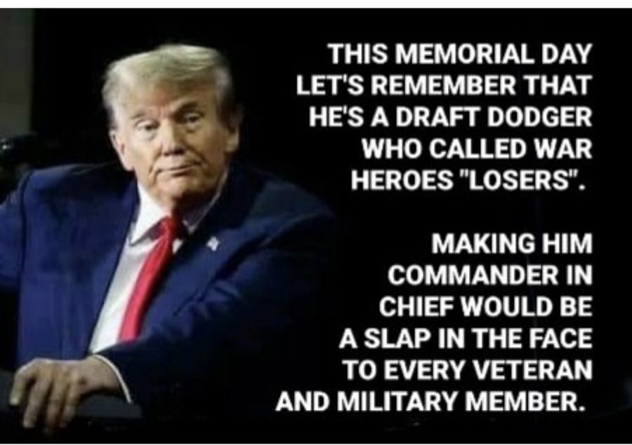 Trump's Memorial Day post says nothing about our fallen heroes who paid the ultimate price for defending our freedoms, instead, he's focused on attacking the judges and the prosecution in his criminal trial.

Trump is utterly unfit for office.#ProudBlue #DemVoice1 #DemsUnited