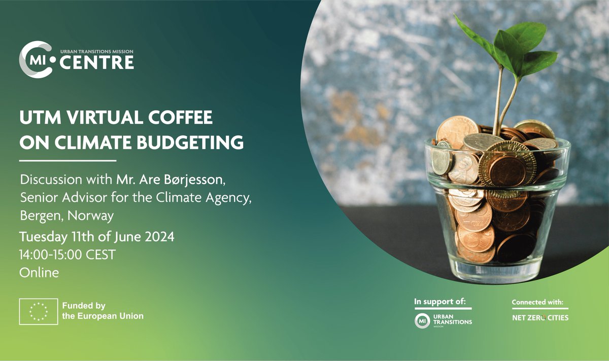 Join us for the 3rd edition of Urban Transitions Mission Virtual Coffee! ☕️
Excited to discuss #ClimateBudgeting with the #UrbanTransitions community, powered by UTMC! 
🗓️ June 11, 2024 🕒 14:00 - 15:00 CEST 💡 Featuring Mr. Are Børjesson, Senior Advisor, Bergen Climate Agency