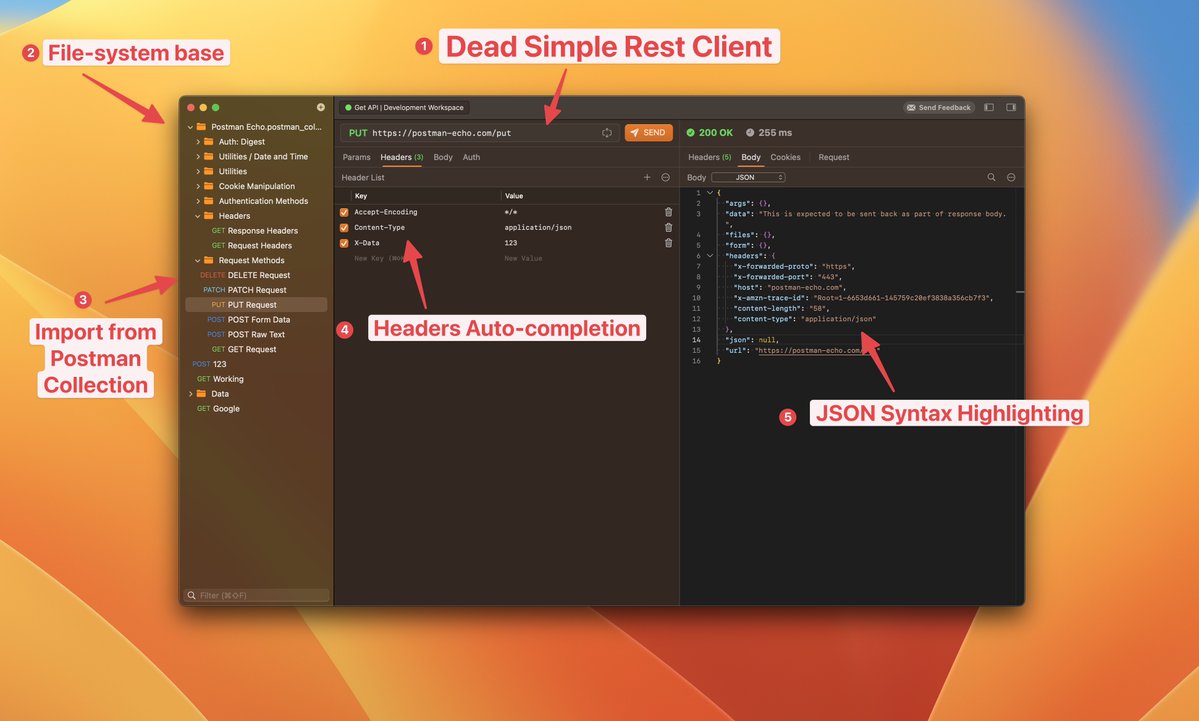 Introduce Get API - A Dead simple Rest Client for macOS ⚡️

- ✅ Aim to become an Alternative for Postman / Insomnia in the near future
- 🍎 Native macOS. Fast and Simple.
- ⭐️ Simple license, no subscription, buy one, use forever with 1 year of update
- Import from Postman
