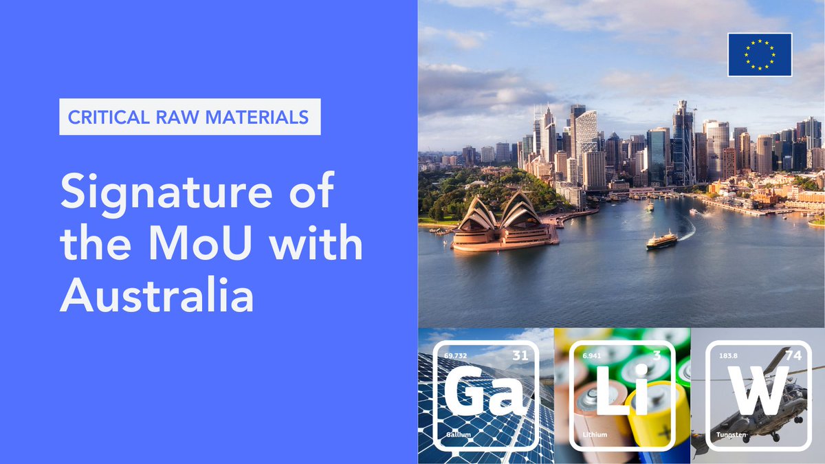 📝The EU & Australia 🇪🇺🇦🇺 signed a #StrategicPartnership to cooperate on sustainable critical & strategic minerals. This MoU aims to secure supply chains, boost research, and promote high environmental standards. 🌍🤝 More👉 europa.eu/!vGTmVw #RawMaterials #CRMAct #CRMA