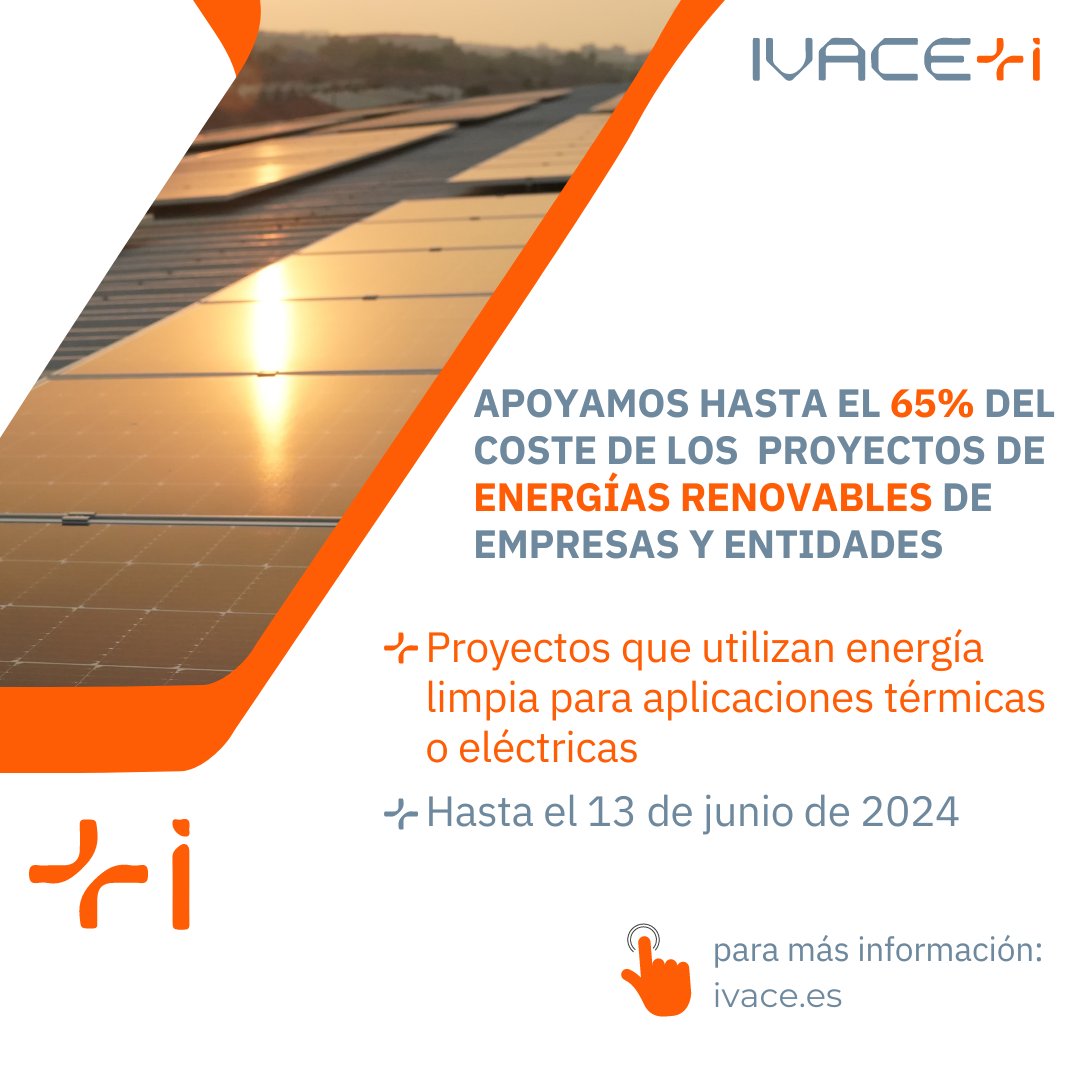 ⏳Todavía estás a tiempo de solicitar las ayudas de #Ivacei  al uso de energías renovables en las empresas y entidades de la Comunitat y avanzar en la #descarbonizacion de la economía🌍🍃 
✅Biomasa 🪵
✅Solar Fotovoltaica 🌞🔌
✅Eólica 
✅ Minihidráulica💧

Con el apoyo de 🇪🇺