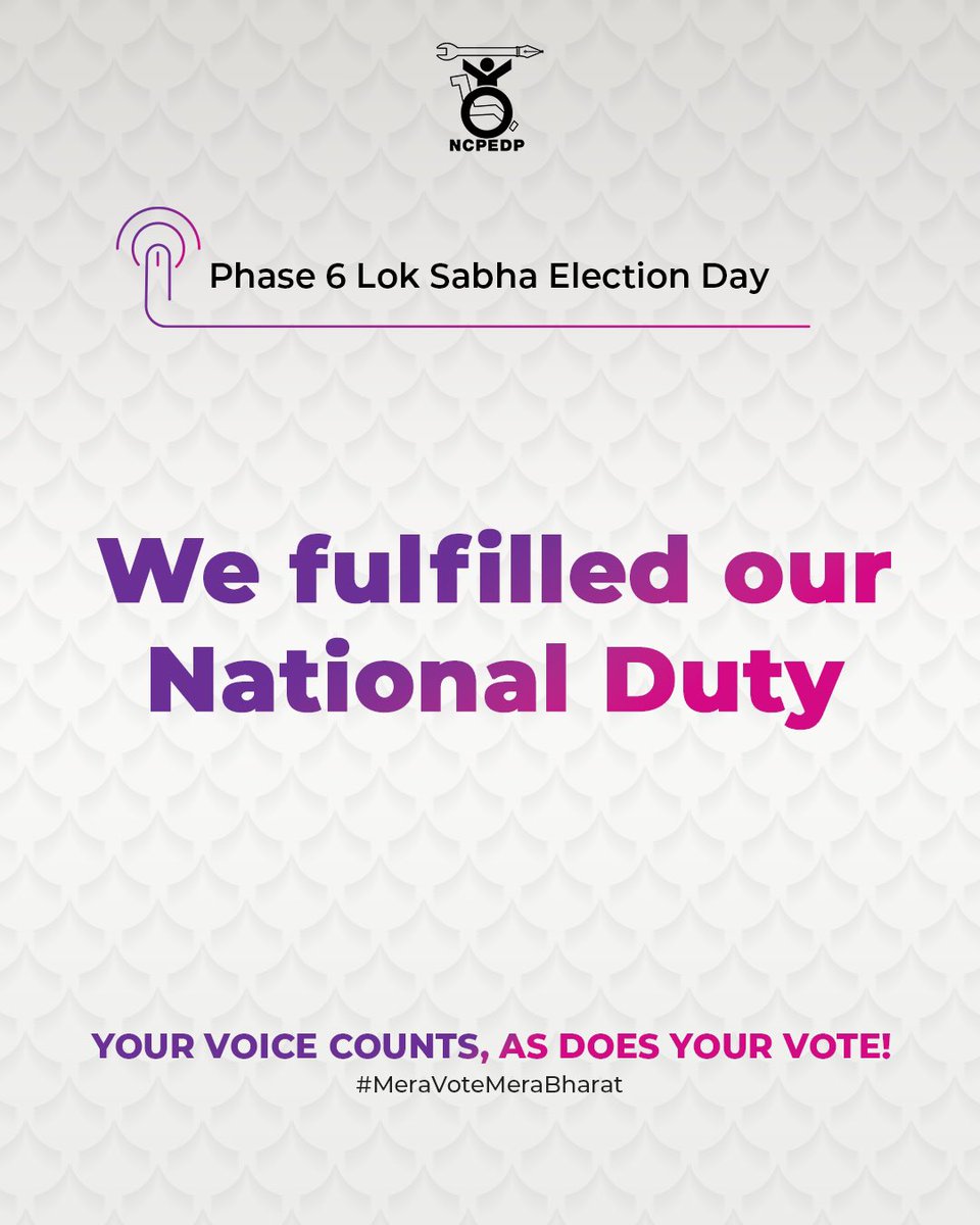 ncpedp_india's tweet image. Vote is our National Duty ! ✊🏻#meravotemerabharat 

Advocating for Disability rights in Phase 6. ✅

Your Voice Counts, As Does Your Vote! 

#phase6 #phase6elections #meravotemerabharat #NCPEDP #everyvotecounts #voteindia #india #loksabhaelections2024